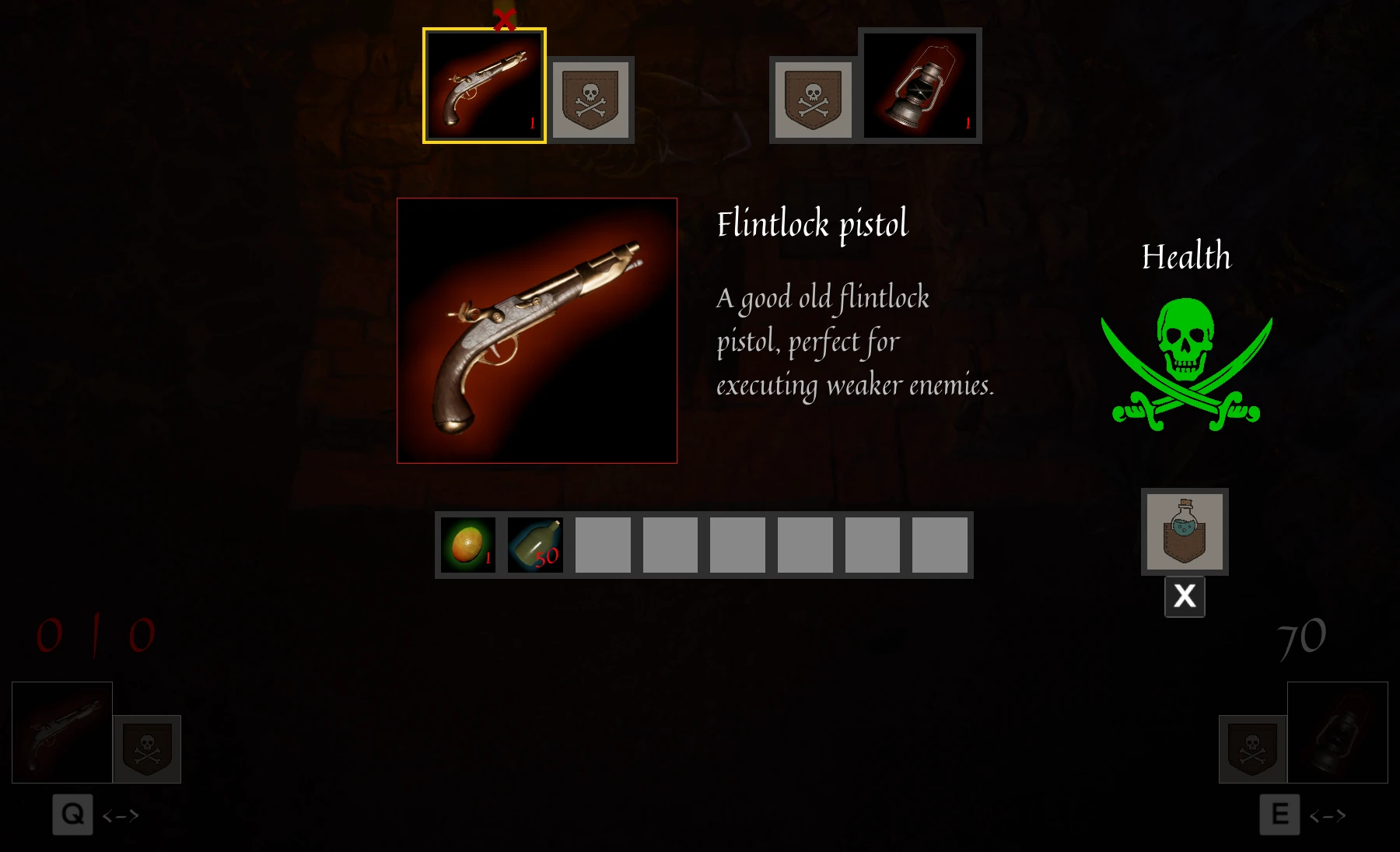 Jago's inventory showing equipped hand slots and a selected flintlock pistol