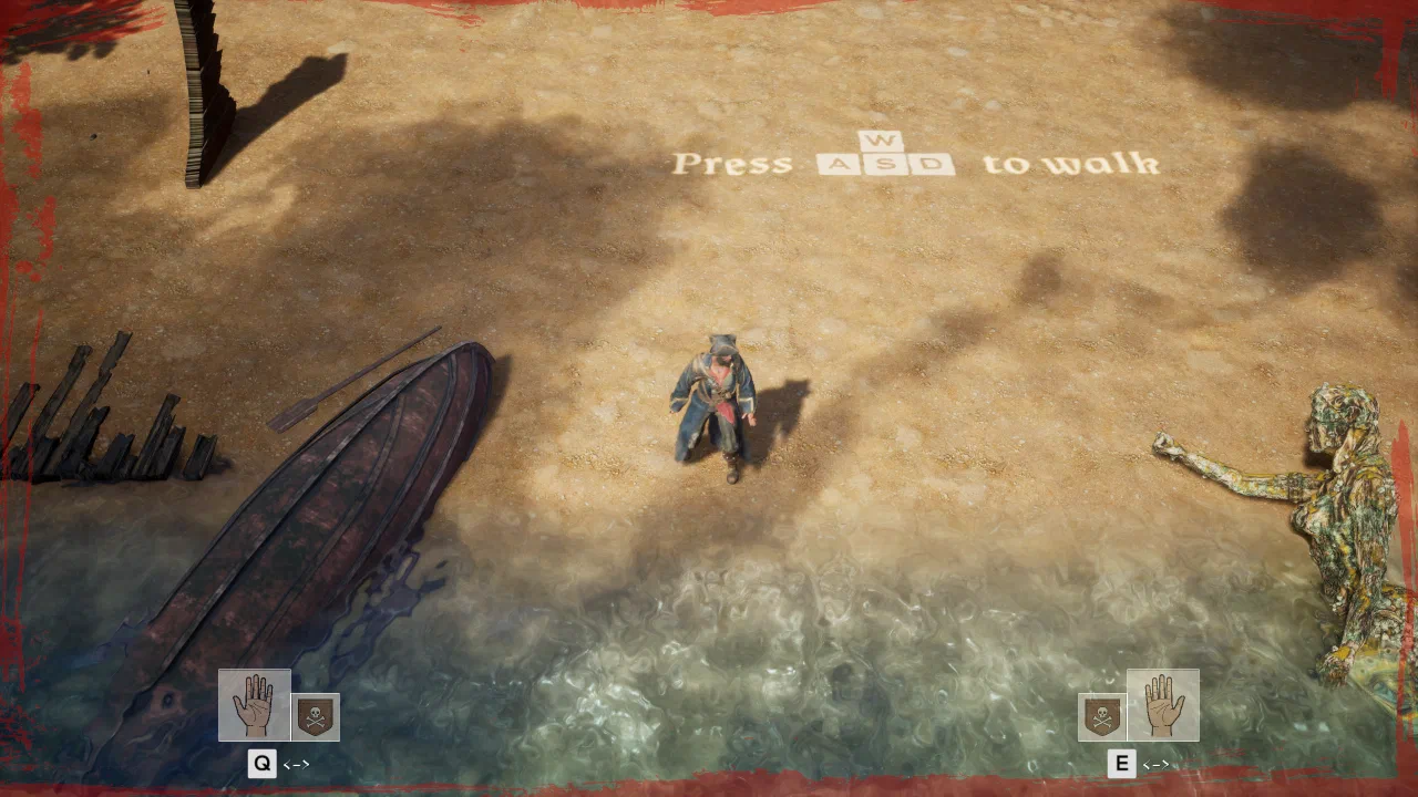 Jago arriving on a sandy beach beside a rowboat