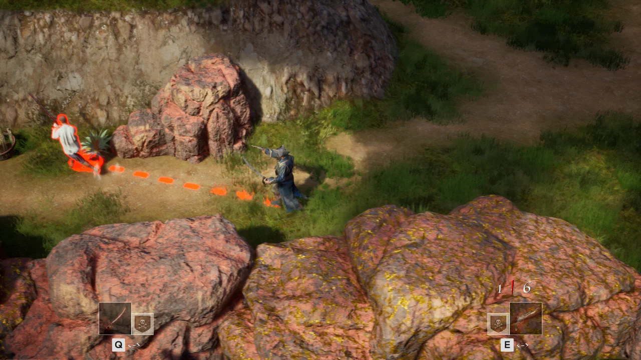 Jago aiming a pistol at an enemy on a rocky island path