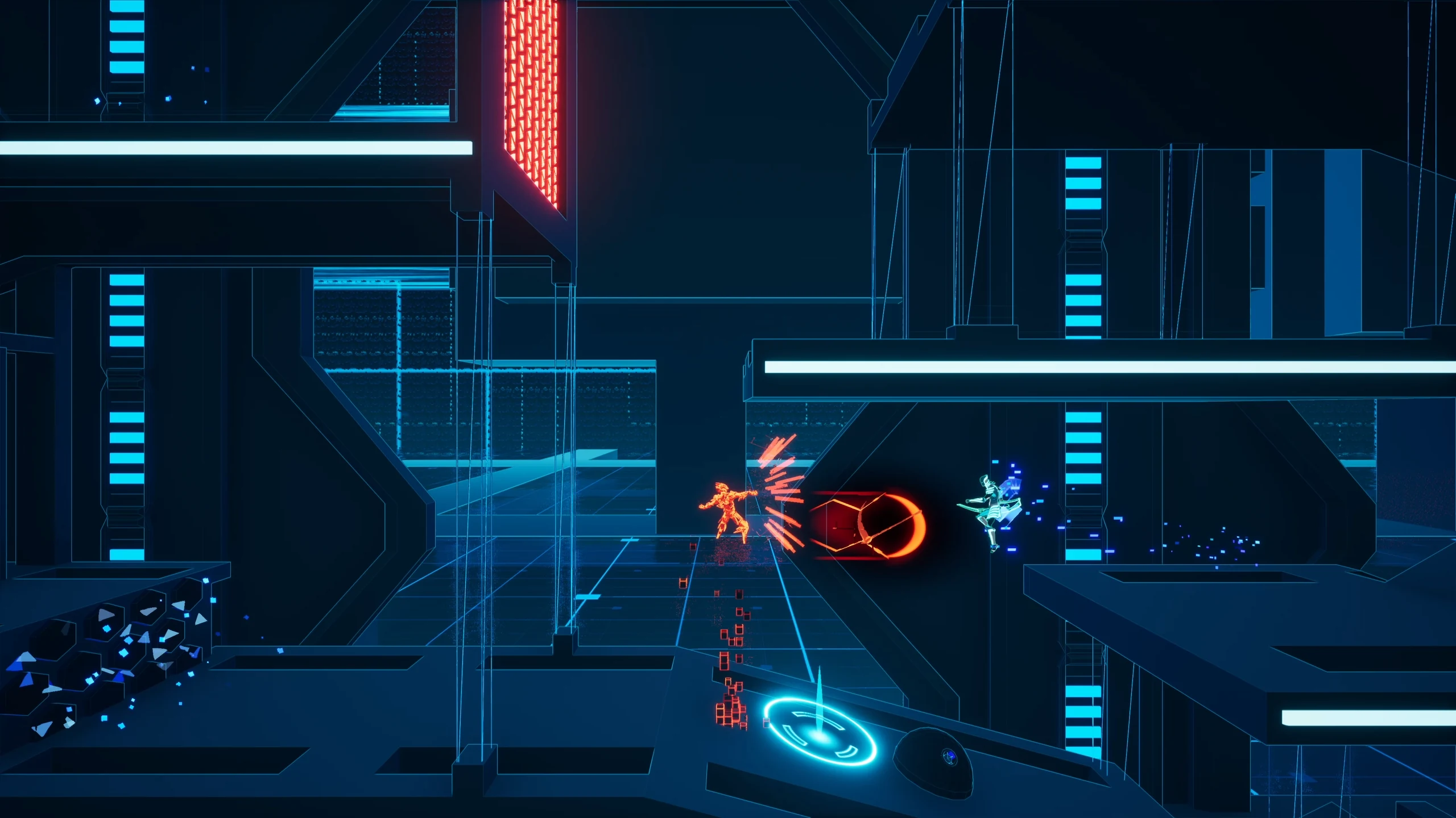 The player dodging an orange projectile between blue platforms