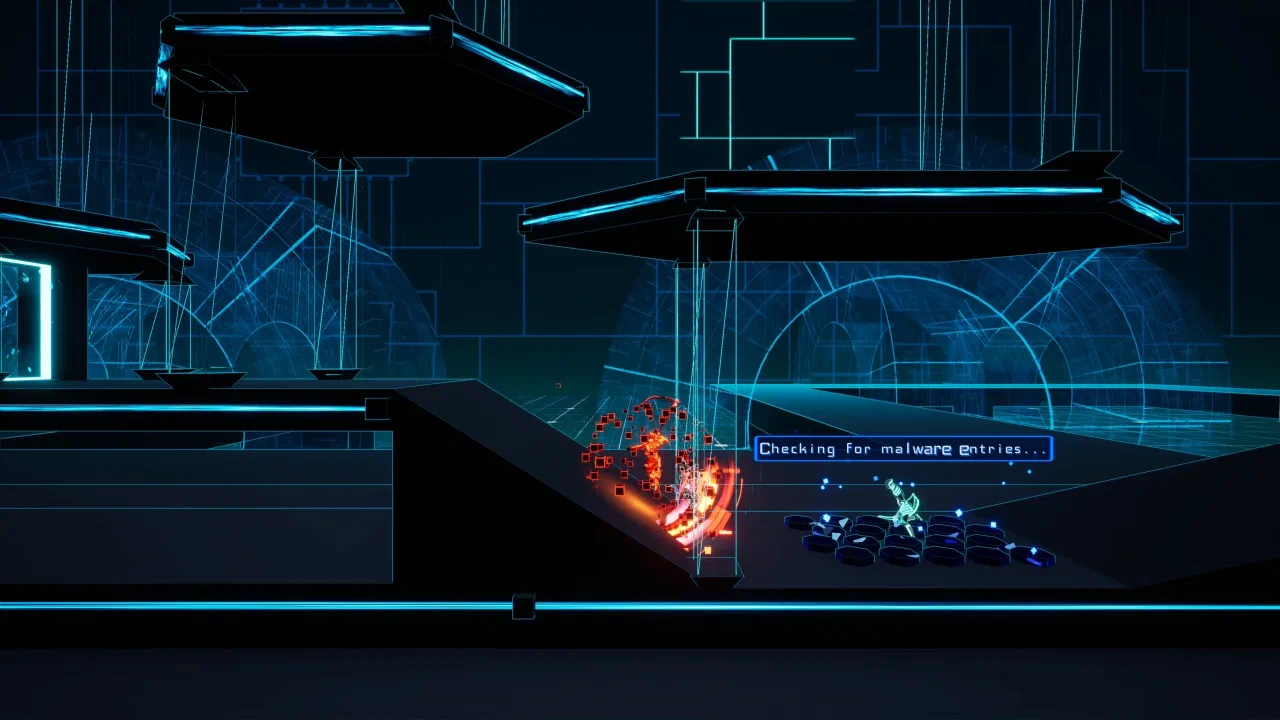 The player fighting beneath floating platforms and a glowing circular structure