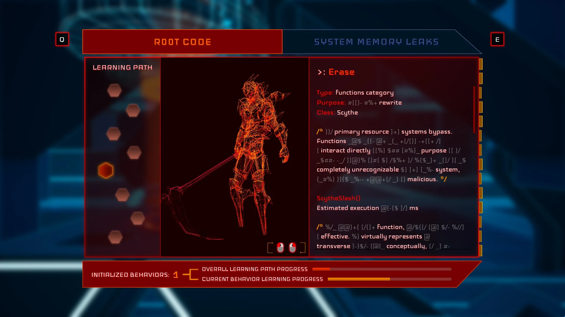 The Root Code menu displaying a character model and system memory information