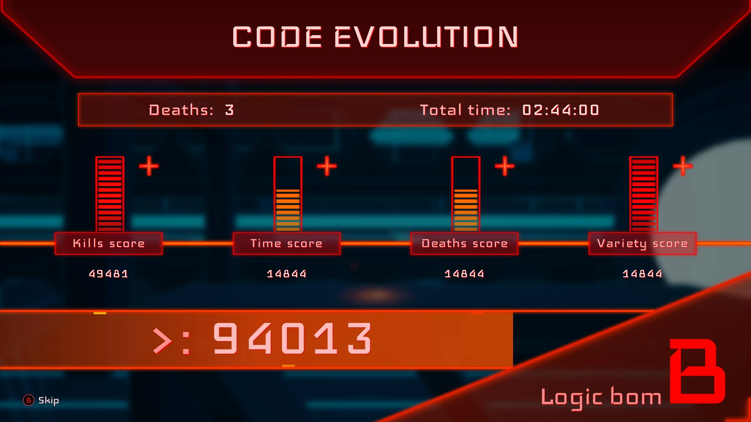 The Code Evolution results screen showing score breakdowns and a B rank