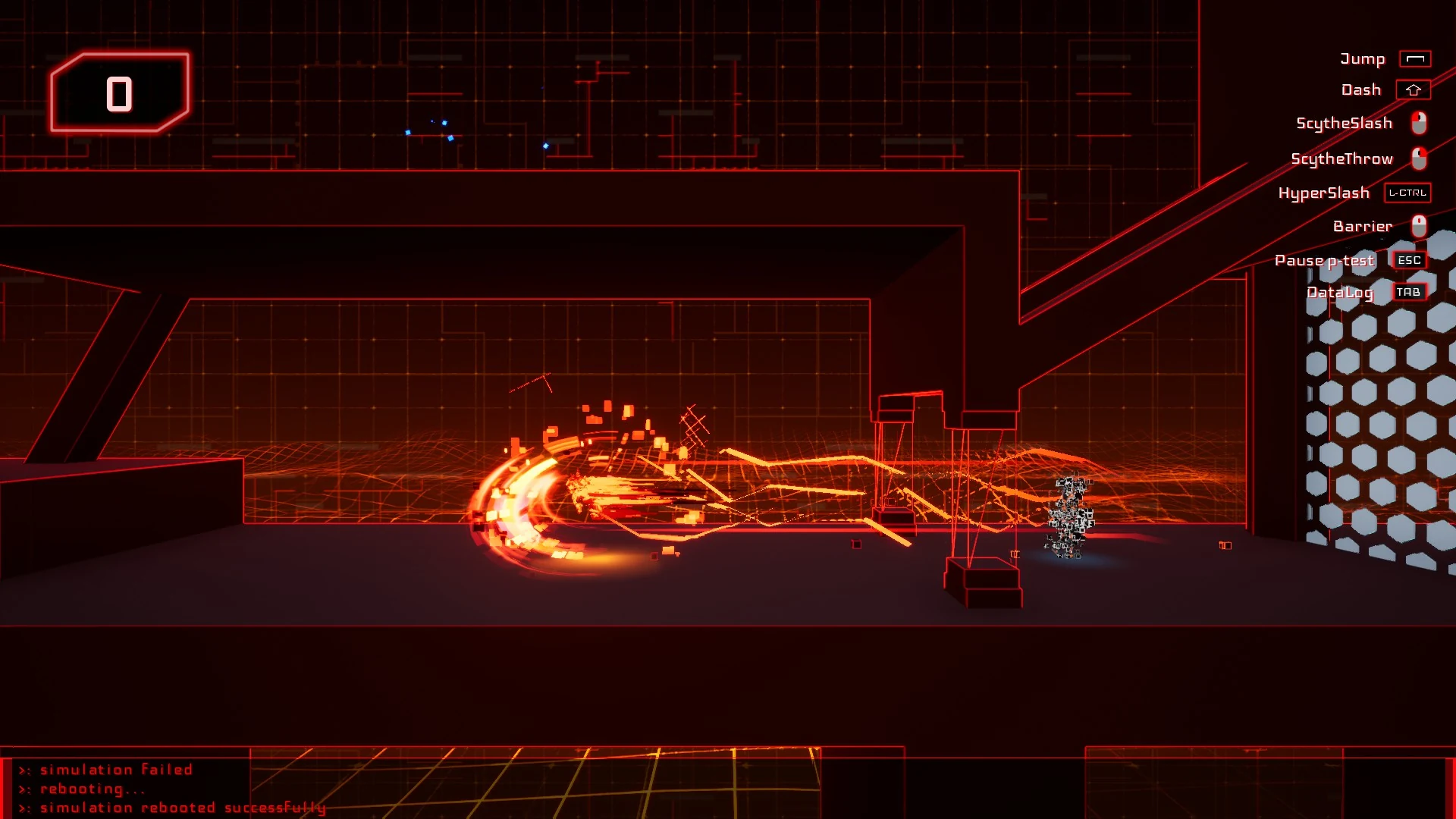 A fiery dash attack crossing a red digital arena