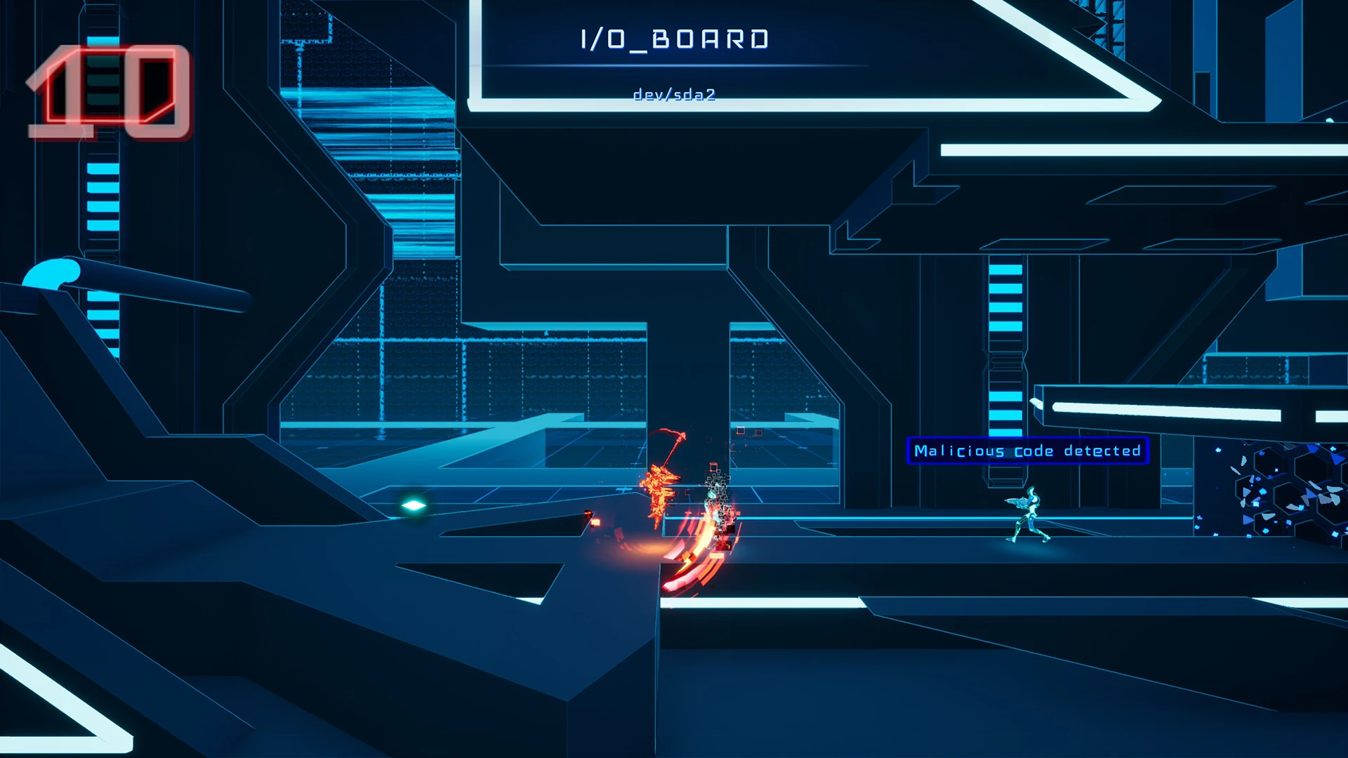 The player attacking an enemy in the I/O Board level