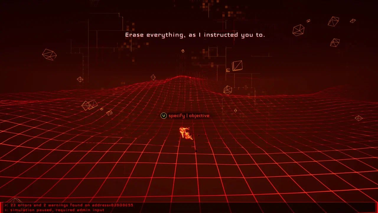 The player in a red wireframe environment beneath the message Erase everything