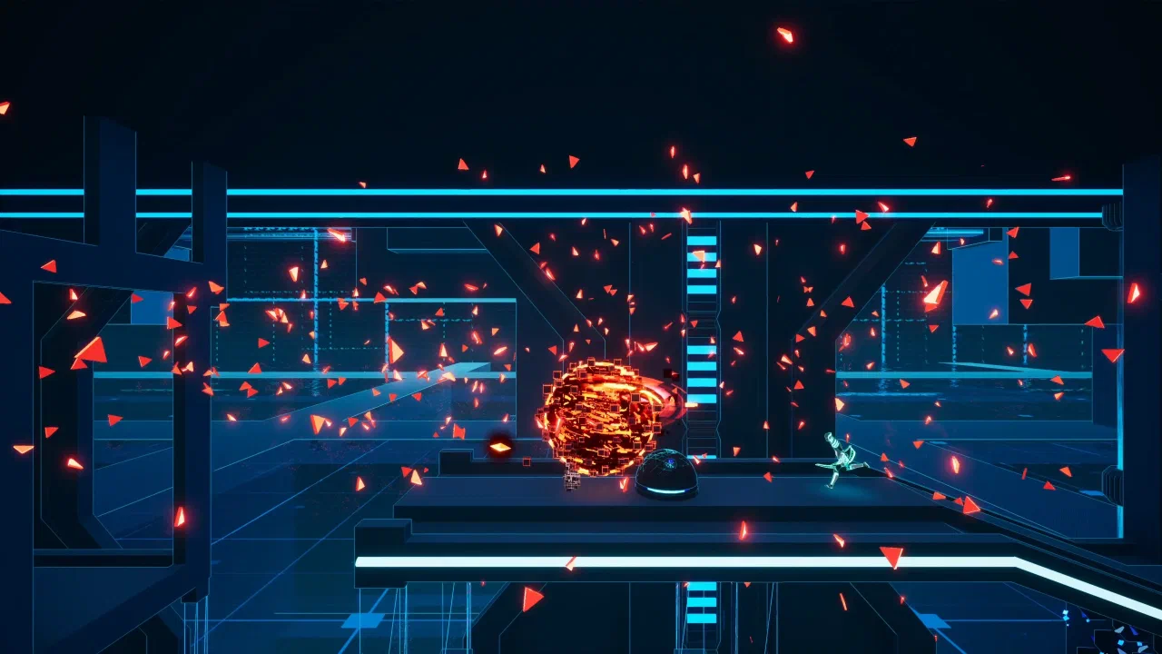 A spinning attack surrounded by orange fragments in a blue arena