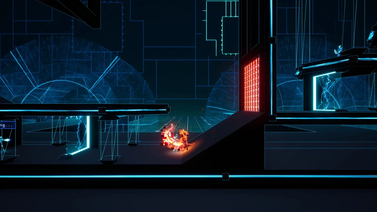 The player attacking on a ramp beneath glowing digital structures