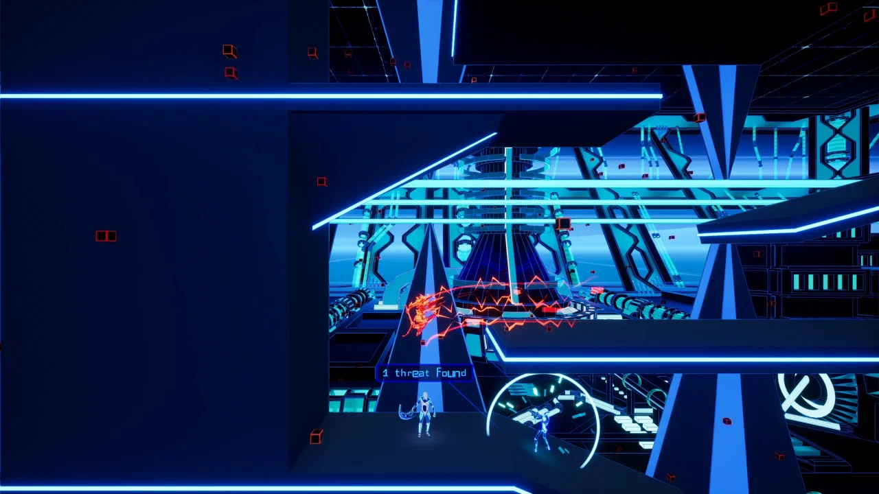 Combat among enemies on stacked neon-blue platforms