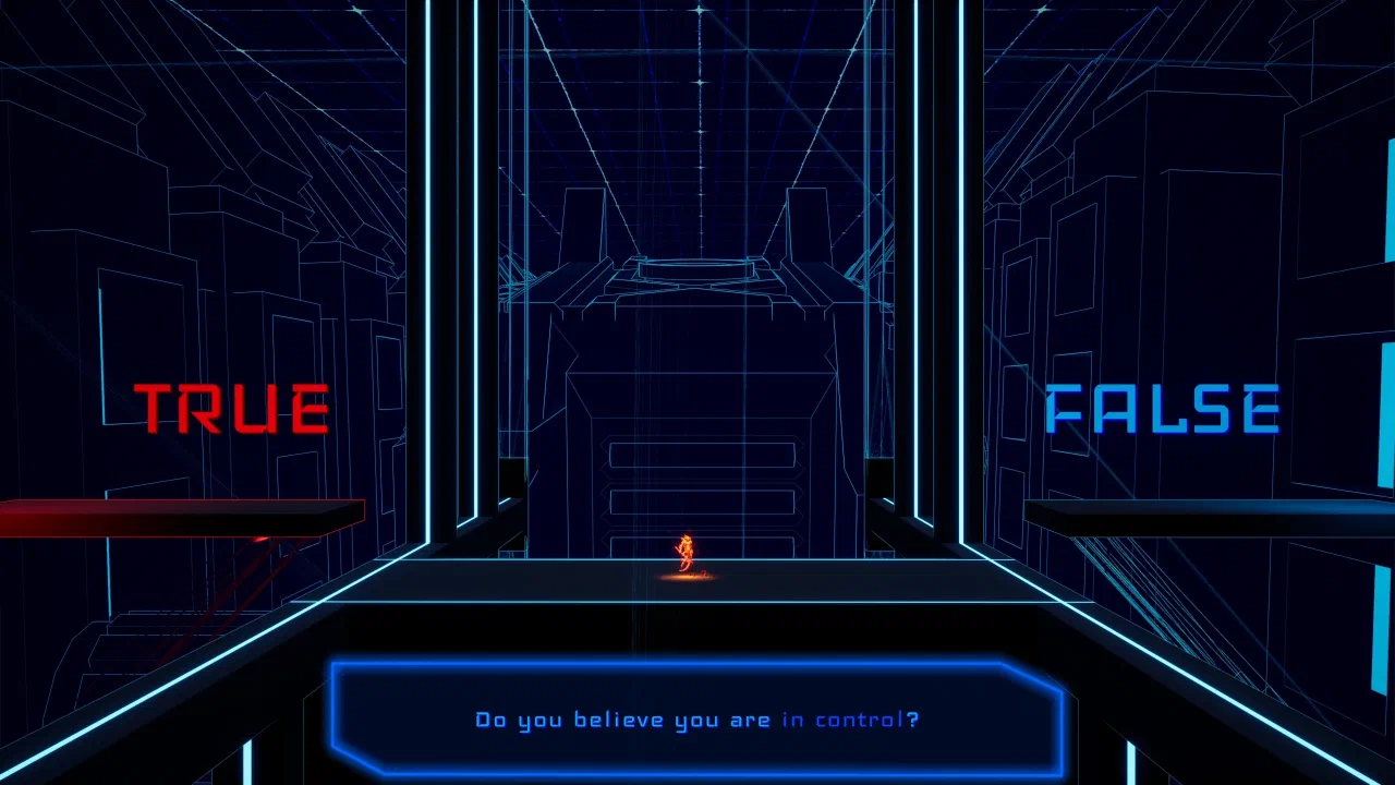 A digital chamber offering True and False paths for the question Do you believe you are immortal