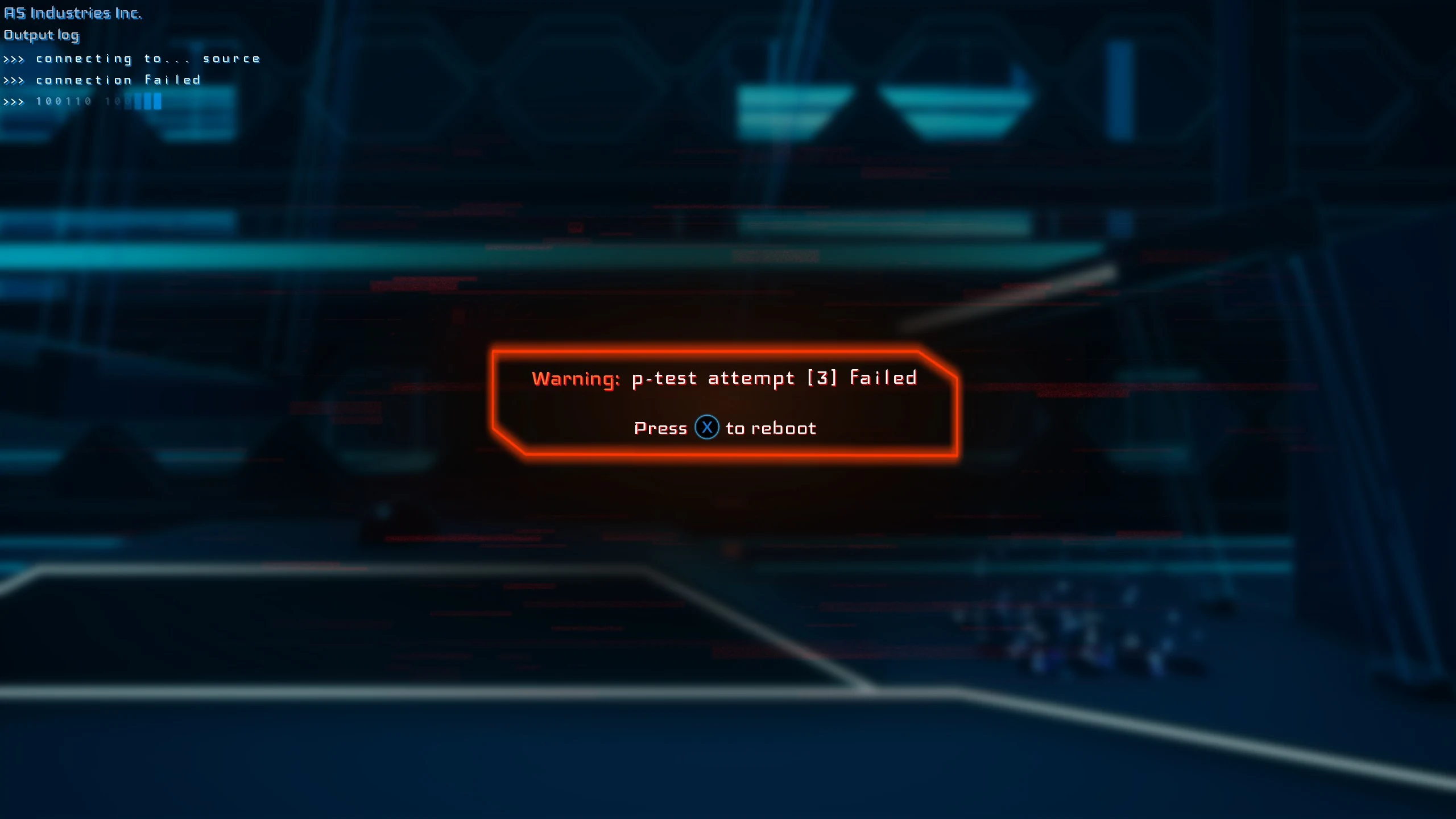 The failure screen prompting the player to press X to reboot